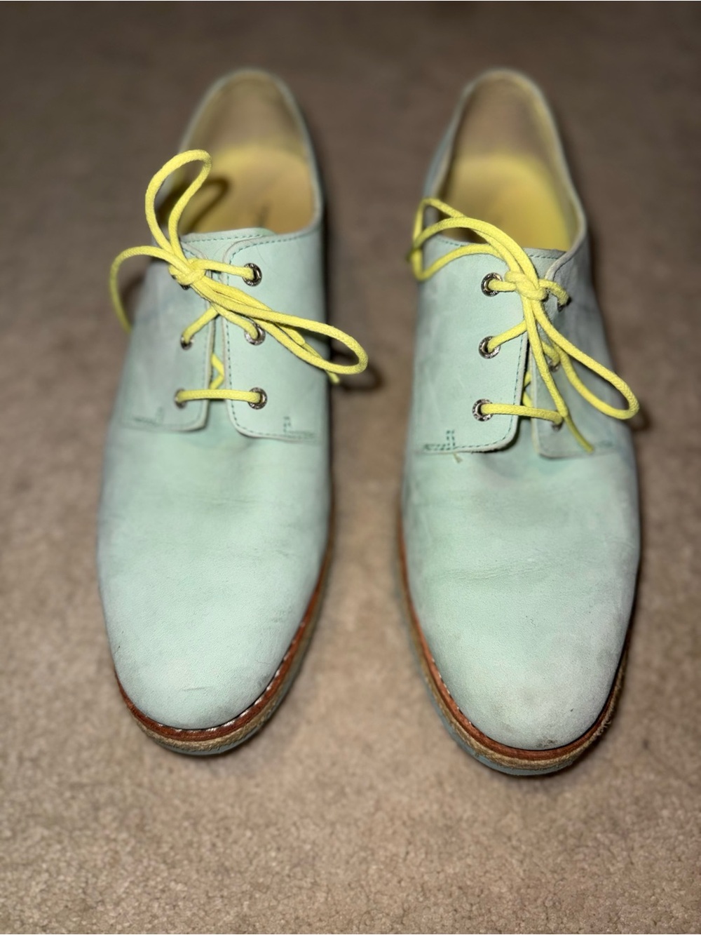 Sperry Mint Green Leather Derby Shoes with Yellow Laces